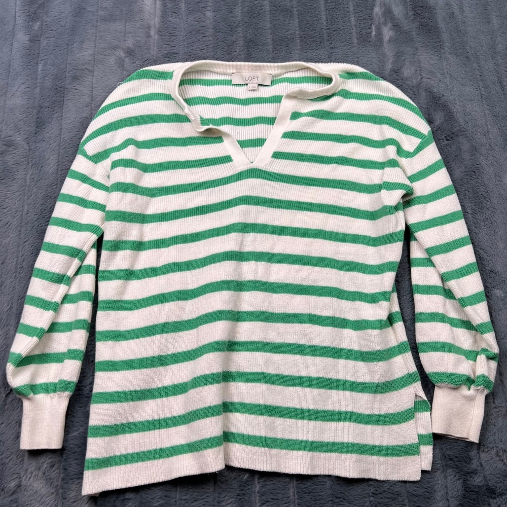 LOFT Womens Green White Striped V-Neck Knit Sweater Size S Split Neck Pullover